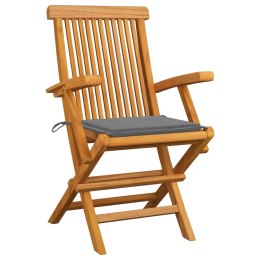 VidaXL Krzesła ogrodowe z szarymi poduszkami, 3 szt., drewno tekowe