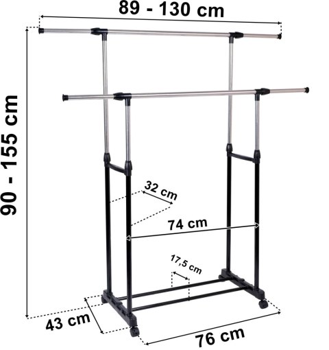 Mobilny wieszak stojący podwójny na kółkach DARA czarny