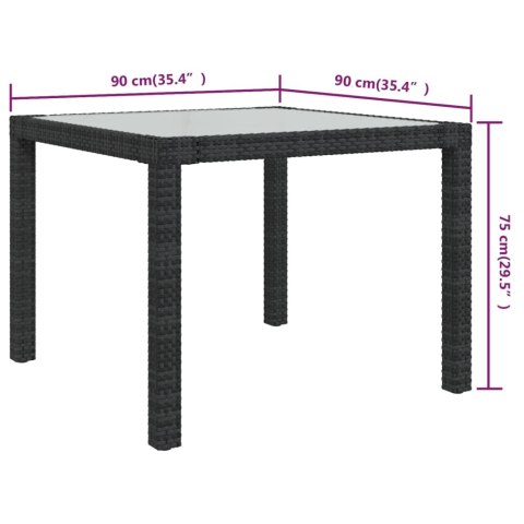 VidaXL Stół ogrodowy, 90x90x75 cm, szkło i rattan PE, czarny