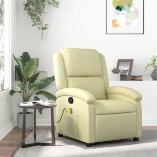 VidaXL Rozkładany fotel masujący, kremowy, skóra naturalna